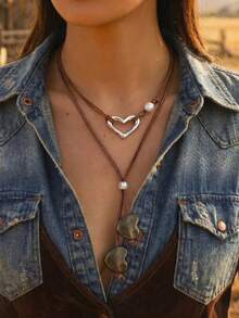 2pcs Women's Necklace Set, Multicolor Metal & PU Heart Element Vintage Necklaces, Beach Vacation, Valentine's Day Date Gift - Multicolor - View 1