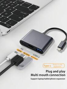 3-In-1 Type-C Multi-Function Hub, Type-C Adapter With 4K HDTV, USB3.0 And USB-C Charging Port, Digital AV Splitter For MacBook, Galaxy S8/S9 And Laptops. (Please Ensure Your Phone Supports HDTV Connection Before Purchase) - Multicolor - View 4