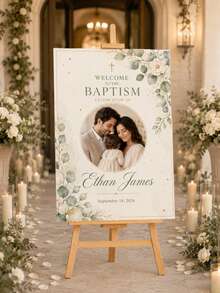 Baptism Welcome Sign, Baptism Sign, Baby Boy & Girl Baptism Decor, Religious Milestone Event Entrance Display Board, Customized Personalized Baptism Sign, Floral & Bow, Catholic & Christian Party Decoration, First Communion Welcome Sign, Frameless - Multicolor - View 7