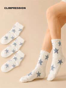 CLIMPRESSION 1/3/5 paires de chaussettes mi-mollet pour femmes, motif étoile, en polaire corail moelleux, douces, chaudes et confortables, pour l'automne/l'hiver, à porter à la maison et pour dormir - Blanc - Voir 8