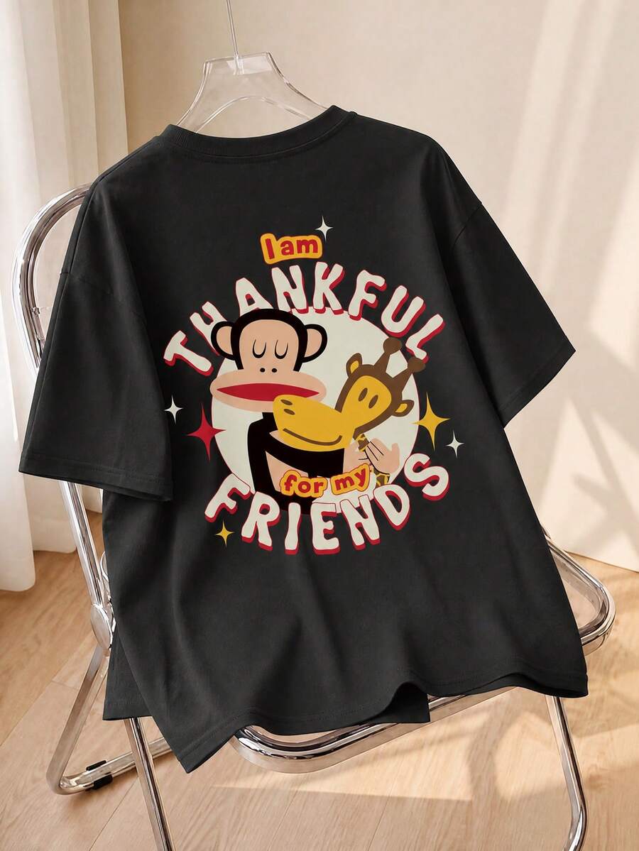 SHEIN X PAUL FRANK 夏季女款 T-shirt,可愛卡通猴子與標語印花寬鬆街頭風上衣,適合日常休閒與返校穿著,黑色 - 黑色 - 查看 1