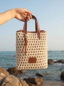 CAJUNI Women's Summer Woven French Fries Bucket Bag, Handbag, Shoulder Bag & Crossbody Bag - Beige - View 2