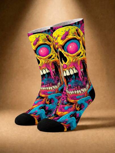 1 Par de Meias de Cano Médio com Estampa de Grafite de Monstro Esqueleto Zumbi de Halloween, Bloco de Cor Neon Pop Art, Estilo de Horror Sombrio, Meias Unissex com Estampa Completa de 360° do Corpo, Fantasia Sexy de Halloween, Fantasia de Halloween Feminina