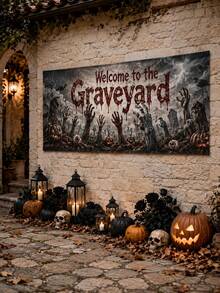 1件裝 Welcome To The Graveyard 萬聖節橫幅，恐怖風聚酯纖維長方形壁掛裝飾牌，印有殭屍手、南瓜與墓碑圖案，適用門廊、居家、鬼屋派對裝飾 - 多色 - 查看 6