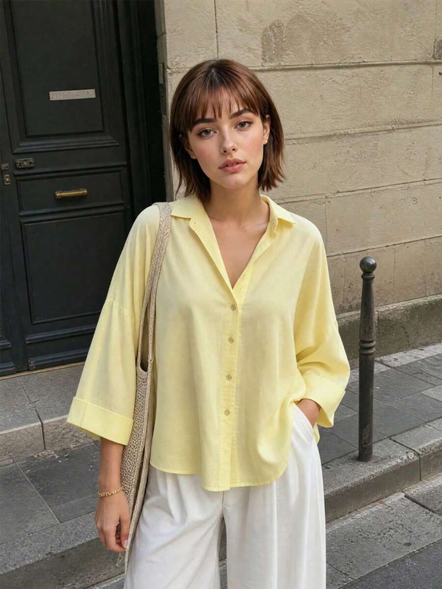 女款翻領長袖襯衫,時尚黃色獨特單排扣寬鬆休閒上衣,適合春季,從工作到週末穿搭 - 黃色 - 查看 1