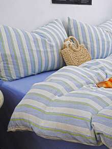 Fresh Blue & Green Vertical Striped 4-Piece Bedding Set, Puff Texture Synthetic Material, Japanese Style, Includes 1 Duvet Cover, 1 Bed Sheet, 2 Pillowcases, Duvet Insert And Pillow Insert Not Included - Teal - View 3