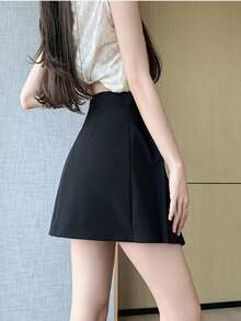 Rok celana model baru gaya Cina, model lilitan asimetris, warna hitam, berlipit, dengan kerah diagonal dan desain kancing katak, anti-terbuka untuk musim panas. - Hitam - View 2
