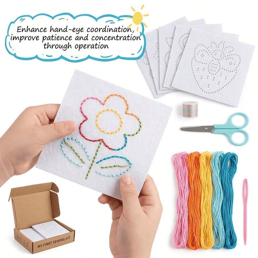 Perlengkapan Menjahit untuk Pemula 20 Buah (Termasuk Jarum Plastik, Benang, Papan Jahit, dan Paket Bahan Felt) - Set Edukatif untuk Mengembangkan Keterampilan Motorik Halus, Cocok untuk Kerajinan DIY, Hadiah Gaya Montessori untuk Remaja, Dewasa, dan Keluarga - A - View 1
