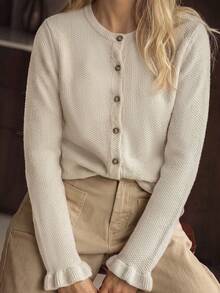 OxyCloset Women's Sweater-An Apricot-Colored Wool Top Featuring Ruffle Details, Perfect For The Autumn / Winter Seasons. Simple, Elegant, Versatile. - Apricot - View 1