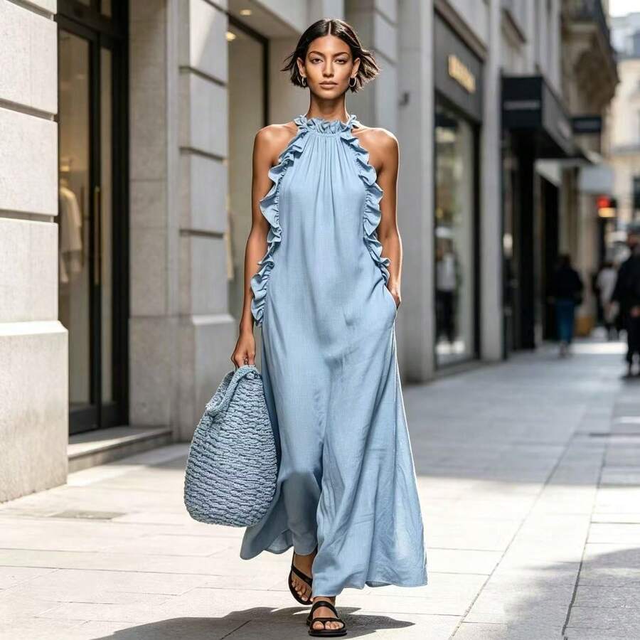 Vacation Style Ruffle Hanging Neck Sleeveless Dress Women's Summer Loose Skinny Long Dresses For Women - 淺藍色 - 查看 1