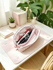 Rectangular Zipper Storage Bag, Vertical Quilted Design, Soft Lining, Light Pink Polka Dot Interior, Multiple Storage Pockets, Fresh And Soft Korean Girl Style, Suitable For Toiletries Storage, Keep Items Organized - Multicolor - View 5
