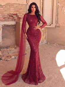 Faeriesty Women's Elegant Long Sleeve Beaded Evening Gown - Sheer Draped Cuffs, Sequin Embellished Mermaid Silhouette, Fitted Flared Hem, Suitable For Luxury Weddings, Red Carpet Events And Formal Dinners Party - 酒紅色 - 查看 1