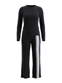 LovelyWholesale Women Solid Crew Neck Long Sleeve Crop Top High Waist Side Color Block Stripe Flared Leg Pants Matching Set, Stretch Casual Workout Outfit - Black - View 4