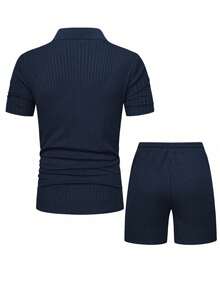 YUNCHIC Old Money Style Textured Ribbed Half-Zip Polo Set Men's Navy Blue Lightweight Breathable Casual Short Sleeve Shirt And Shorts 2-Piece Set - Navy Blue - View 7