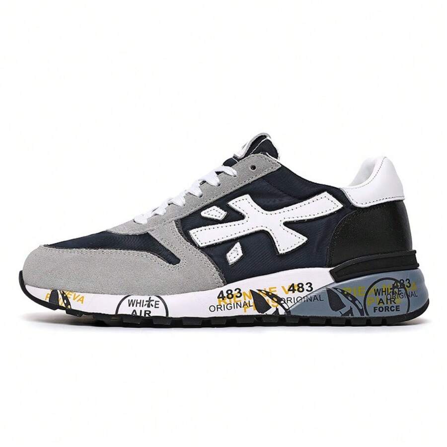 Men's Retro Color Block Suede Panel Sneakers Breathable Mesh Casual Running Shoes Non-Slip Printed Sole Fashion Walking Trainers - 邇富大米灰黑 - 查看 1