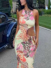 DOUCIU Chic Sleeveless Bodycon Long Dress With Side Cut-Outs, Floral Print, Sexy Elegant Dress - Multicolor - View 2