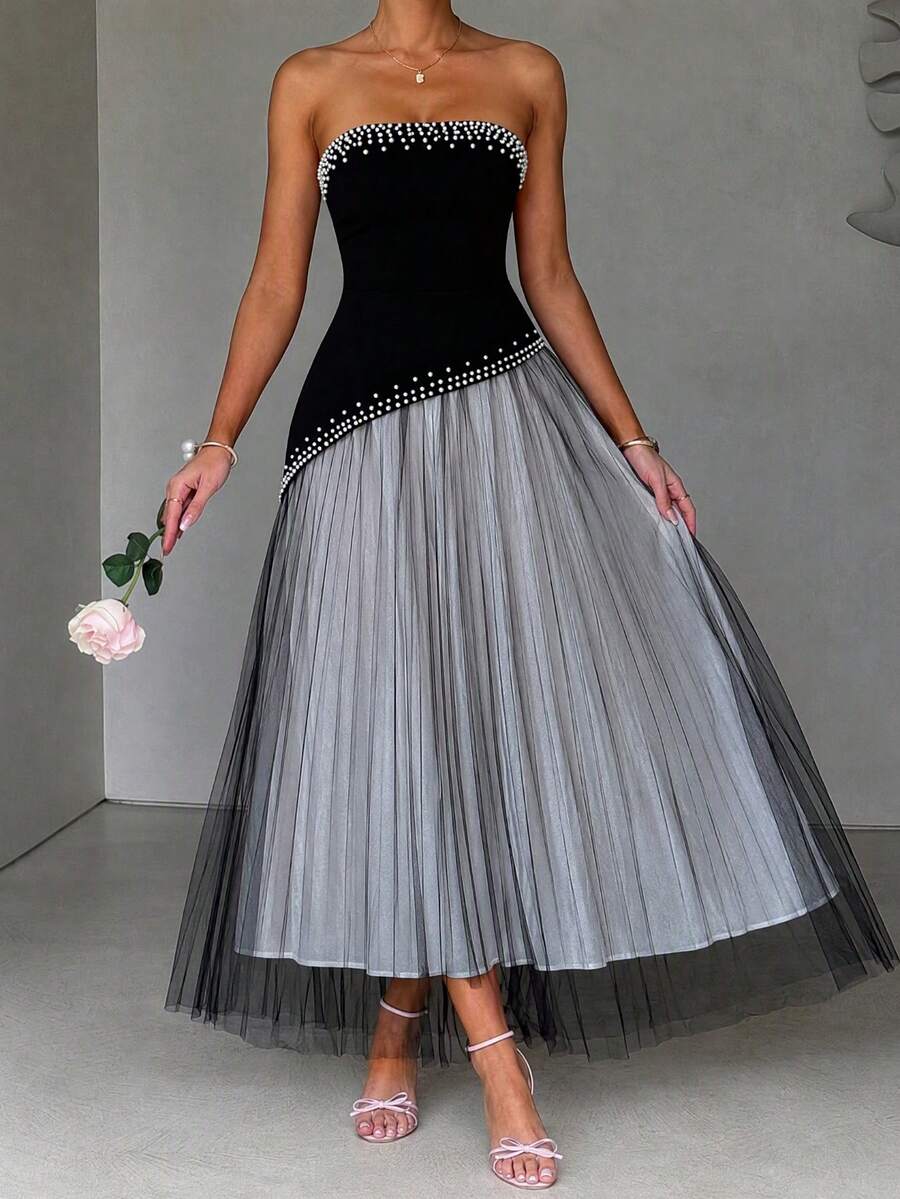 Women's Strapless Pearl Beaded Colorblock Long Dress, Heavy Beaded Black & White Mesh Strapless Long Dress Fall Wedding Party - Black - View 1