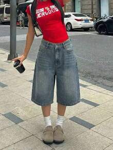 Teen GirlTrendy Distressed Black Oversized Wide Leg Denim Capri Pants, Streetwear Style - Royal Blue - View 3