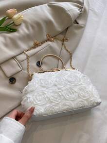 Dedoo 3D Rose Oval Hard Frame Clutch, Rhinestone Kiss Lock, Detachable Chain, Sweet Romantic Women's Handbag, Suitable For Bride Formal Occasions (Random Pattern) - White - View 3