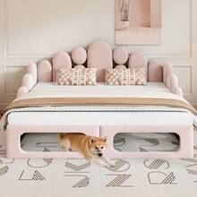 Divano letto imbottito con cuccia per animali domestici, letto imbottito multifunzionale 2-in-1 180*200 cm, letto imbottito con tessuto in morbido velluto, base a doghe e schienale, rosa. - Rosa + Velluto + 180cm*200cm - Visualizzare 3