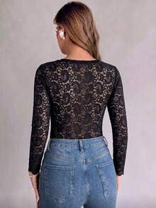 1pc Solid Color Knit Fabric Lace Patchwork Elegant Women's Long Sleeve Square Neck Top For Daily Wear And Dating In Autumn/Winter - Black - View 2