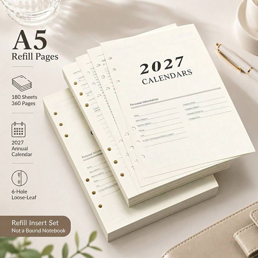 1 lembar Kalender Bahasa Inggris Ukuran A5 2027, Halaman Isi Ulang Lepas, Halaman Pengganti Buku Jadwal Perencana Harian 365 Hari, Isi Termasuk Kalender 2027, Rencana Bulanan, Rencana Harian, Kompatibel Dengan Berbagai Sampul Lepas - Satu ukuran cocok untuk semua. - View 1