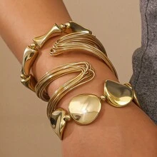 1 Set Geometric Twisted Line Asymmetrical Open Cuff Bracelet & Bracelet Combination Set - Gold - View 8