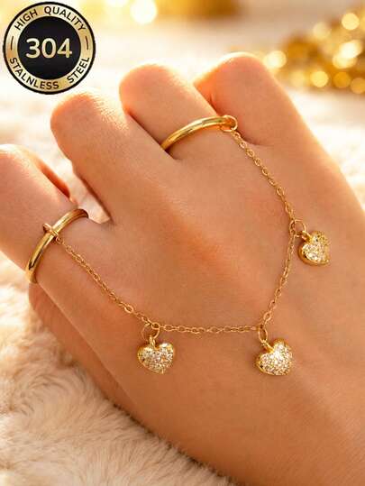 ZCNC 304 Stainless Steel 18K Gold Plated Heart Chain Ring Set, Women's, Minimalist Luxury Plain Ring Set, Hypoallergenic, Fashion Jewelry, Perfect Christmas Gift, Travel Vacation Accessory