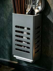 1pc,Punch-Free Wall Mount Chopstick Holder, Drain Cutlery Caddy With Drip Tray, Kitchen Storage Organizer For Chopsticks, Spoons And Forks - Grey - View 2