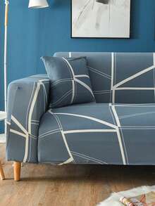 1pc Geometric Print Elastic Full Cover Sofa Slipcover, Modern Style Polyester Fabric, Sofa Home Protection Cover, Machine Washable, All Season - Navy Blue - View 3