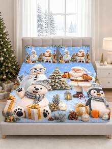 3PCS Winter Christmas Atmosphere Bedding Set, (1PC Fitted Sheet + 2pcs Pillowcases, Pillow Inserts Not Included,) Polyester Digital Print, Cartoon Santa Claus Snowman Penguin Pattern, Cartoon Cozy Christmas Non-Slip Bedding Set, Machine Washable, Bedroom Holiday Home Textile - Multi-color 4 - View 7