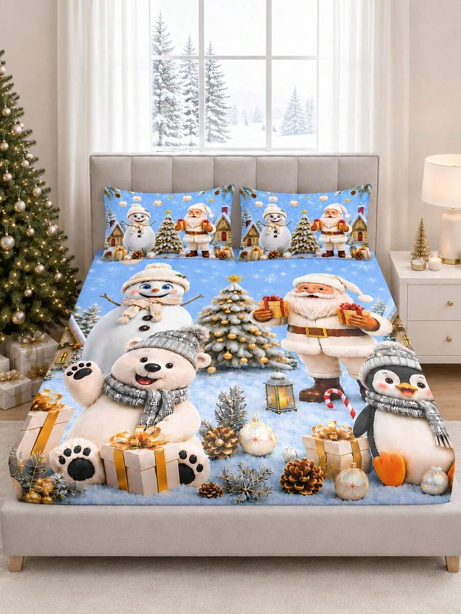 3PCS Winter Christmas Atmosphere Bedding Set, (1PC Fitted Sheet + 2pcs Pillowcases, Pillow Inserts Not Included,) Polyester Digital Print, Cartoon Santa Claus Snowman Penguin Pattern, Cartoon Cozy Christmas Non-Slip Bedding Set, Machine Washable, Bedroom Holiday Home Textile - Multi-color 4 - View 1