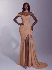Elegant Cold Shoulder Choker Neckline Ruched Fitted Bodice High Slit Slim Silhouette Evening Gown, Suitable For Photo Shoots And Formal Dinners Wedding - Khaki - View 1