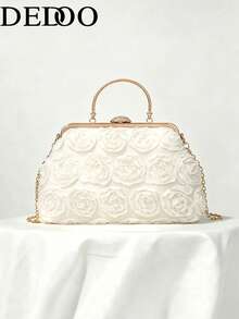 Dedoo 3D Rose Oval Hard Frame Clutch, Rhinestone Kiss Lock, Detachable Chain, Sweet Romantic Women's Handbag, Suitable For Bride Formal Occasions (Random Pattern) - White - View 10