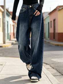 Pantalones de mezclilla tiro alto para mujer, pierna ancha holgada con bolsillos para compras citas y salidas casuales - Azul lavado oscuro - Ver 3