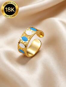 MONALLY 18K Gold Plated Stainless Steel Open Ring For Women, Vintage Enamel Blue White Geometric Adjustable Band Ring Statement Finger Jewelry Gift - Open Ring - View 1