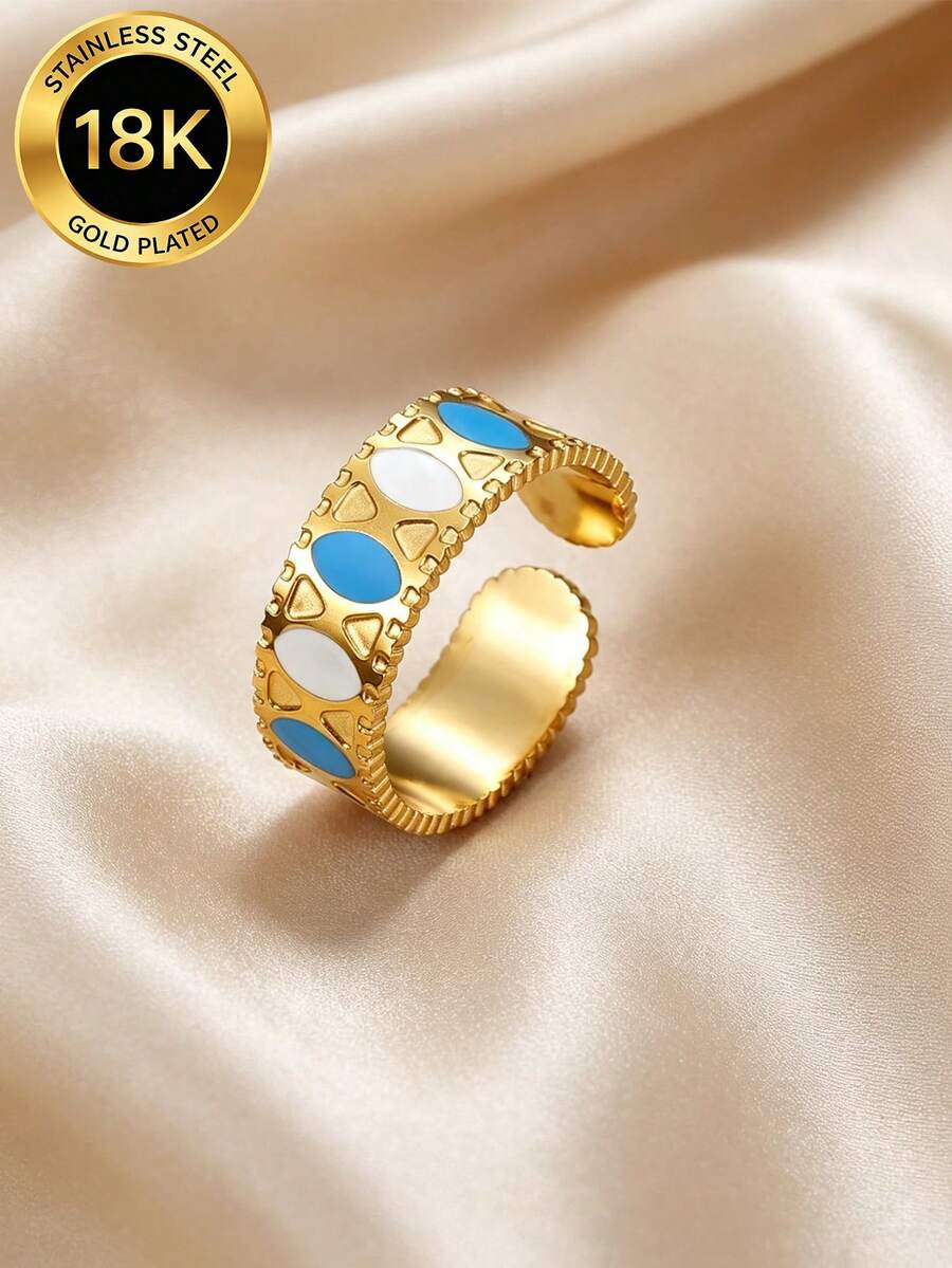MONALLY 18K Gold Plated Stainless Steel Open Ring For Women, Vintage Enamel Blue White Geometric Adjustable Band Ring Statement Finger Jewelry Gift - Open Ring - View 1