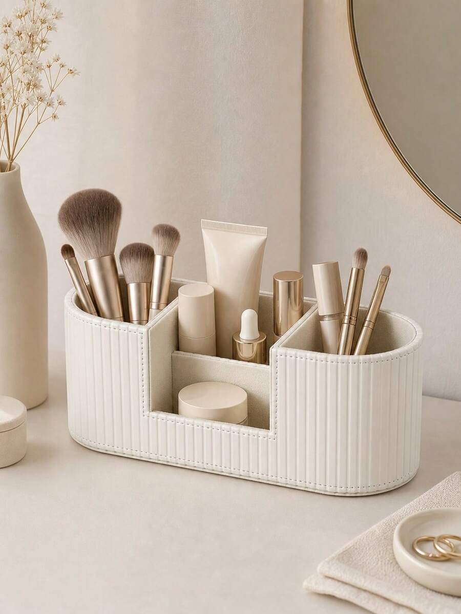 Light Luxury Style PU Leather Makeup Organizer Box, 3 Compartments, Desktop Vanity Makeup Brush & Lipstick Holder,Bedroom Room Decor,Back To School - View 1