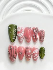 10片金屬風手工穿戴甲，Polygel美甲套組，水鑽星芒手繪設計，粉綠配色，酷帥前衛風格，含美甲工具，3種尺寸可選，方型/短方型/杏仁型，適合派對、跳舞、日常配戴 - 彩色 - 查看 19