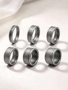 6-Piece Set Of Vintage Minimalist Plain Stainless Steel Men's Rings, Men's Jewelry Accessories, Suitable For Everyday Business Versatile Jewelry - Antique Silver - View 1