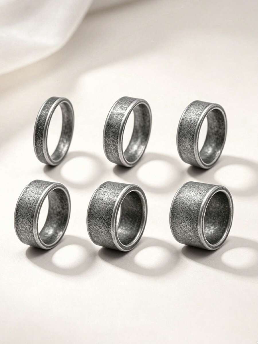 6-Piece Set Of Vintage Minimalist Plain Stainless Steel Men's Rings, Men's Jewelry Accessories, Suitable For Everyday Business Versatile Jewelry - Antique Silver - View 1
