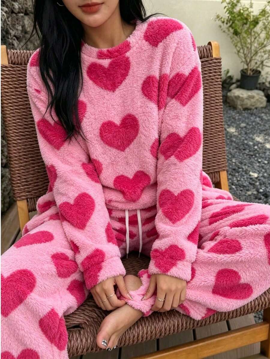 Girls Pink Heart Coral Fleece Pajama Set, Thickened Plush Loose Long Sleeve Home Wear 2 Pieces Set, Autumn/Winter - Hot Pink - View 1