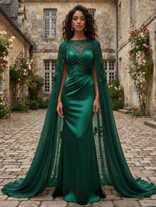 Elegant Champagne Satin Mermaid Halter Neckline Sleeveless Lace Applique Transparent Maxi Dress For Wedding Formal Evening Party - Red - View 5