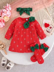 Baby Girl Bow Ribbed Snowflake Print Dress With Socks And Headband Multi-Piece Set Newborn Gift - Red - View 2
