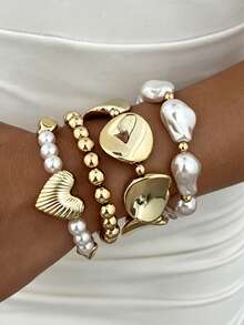 4pcs Vintage Elegant CCB Women's Round Disc Heart Pearl Bracelets, Suitable For Daily Commute, Party, Date And Vacation Wear, Gift For Women - Gold - View 2