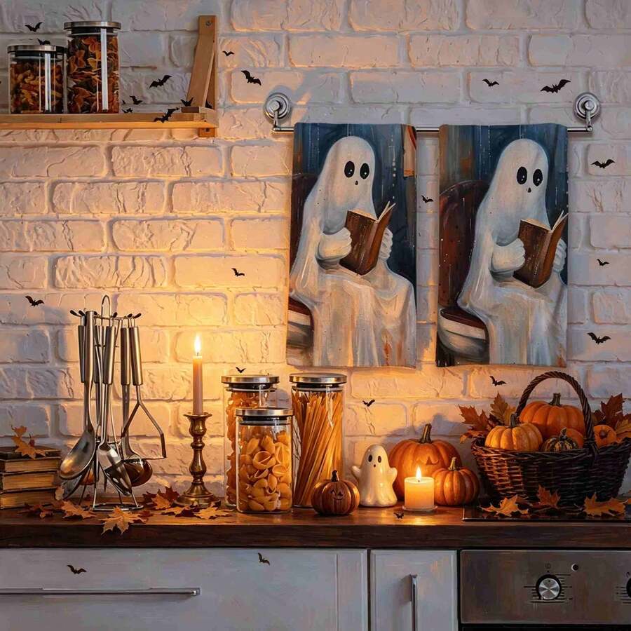 2/4/48pcs Halloween Series Toilet Reading Ghost Pattern Printed Kitchen Towels - Super Soft, Highly Absorbent Polyester Dish Cloths And Hand Towels, Perfect For Holiday Decor, Kitchen Decor, Party Decor.