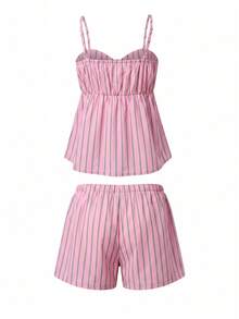 Conjunto de 2 piezas casual boho a rayas Just Masa para mujer, camiseta sin mangas con espalda descubierta y cordón ajustable & shorts de cintura elástica, para salir, vacaciones, elegante - Rosa - Ver 4