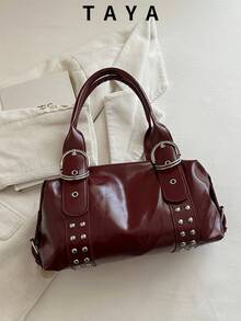1pc Multifunctional Rivet Handbag, Vintage Motorcycle Style Rivet Decor PU Leather Shoulder Bag, Punk Rock Underarm Bag, Suitable For Work, Commute, Date, Party And Music Festival - Burgundy - View 2