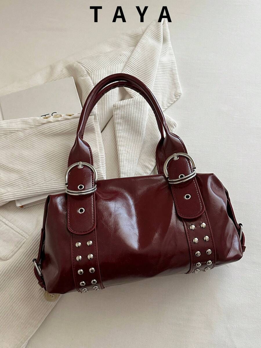 1pc Multifunctional Rivet Handbag, Vintage Motorcycle Style Rivet Decor PU Leather Shoulder Bag, Punk Rock Underarm Bag, Suitable For Work, Commute, Date, Party And Music Festival