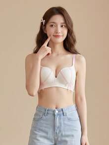 Lace Push-Up Bra Colorblock Women's Backless Seamless Wire-Free Bra Lifting Support Thick Cup Bowknot Bra Lingerie Sweet Style For Small Chest[Flat Chest Special] - White - View 5